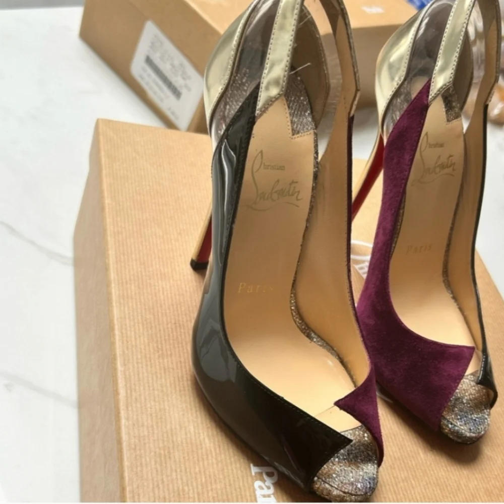 Louboutin Technicatina Red Bottoms Patent Leather &Suede W Tiger Striped Insoles